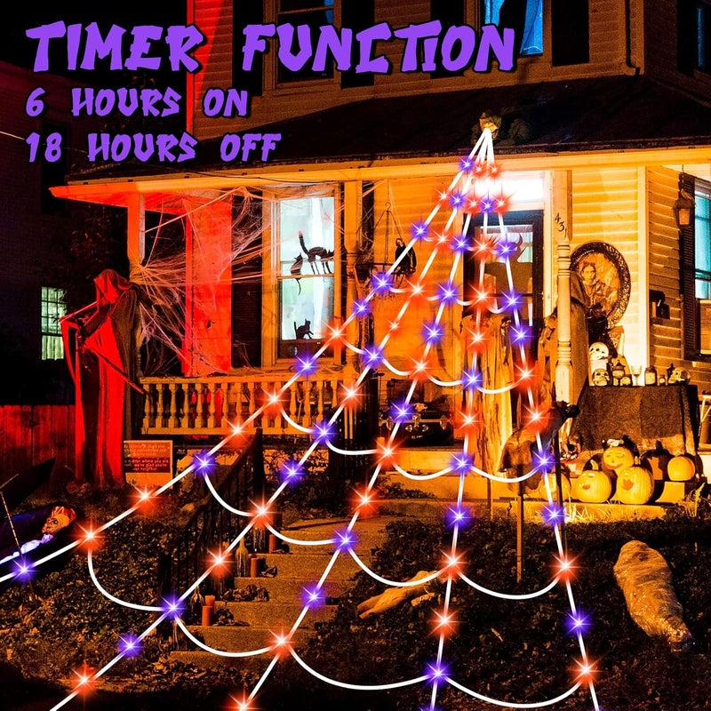 Zivilic Halloween Spider Web Lights 150 LED Lighted Spider Web Giant 16.4 Ft Halloween Decorations Light up with 8 Lighting Modes Waterproof & Timer Outdoor Indoor Yard Haunted House Decor, Purple & Orange - Image 4